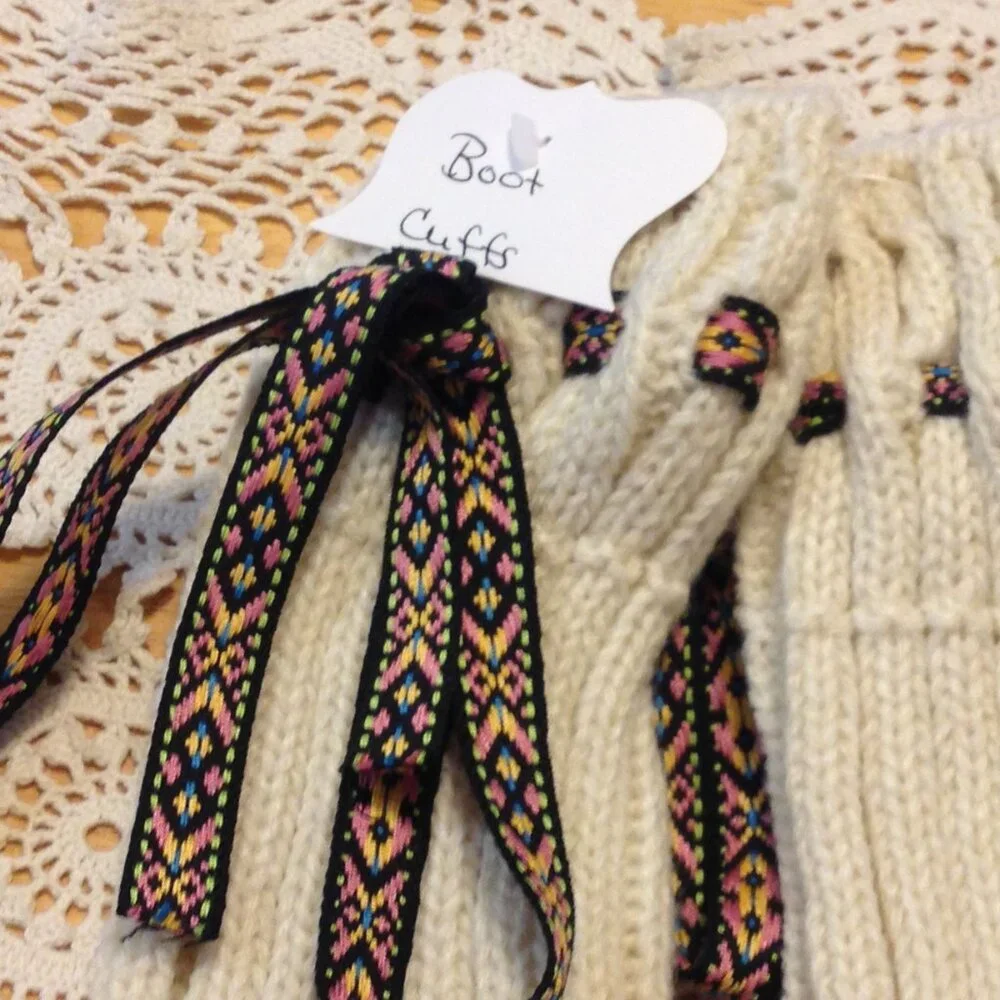 Boot Cuffs, knit with tie top, 7 1/2